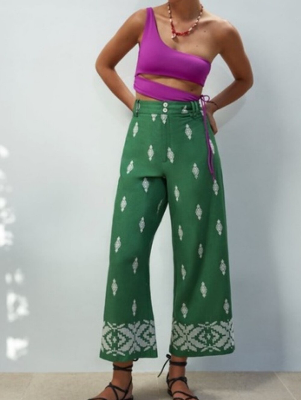 $70 NWT Zara sz Large Green Crop High Rise Wide-Leg Linen Blend Pants
